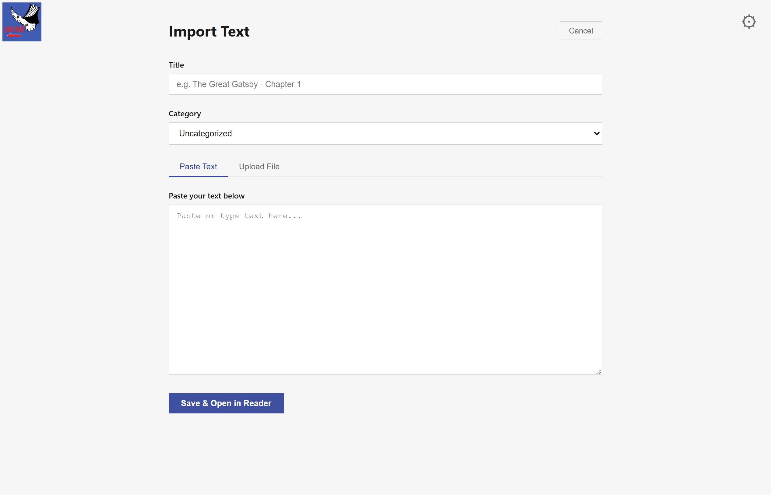 An Import Text form with a title field, a category dropdown, Paste Text and Upload File tabs, an empty paste box, and a Save & Open in Reader button.