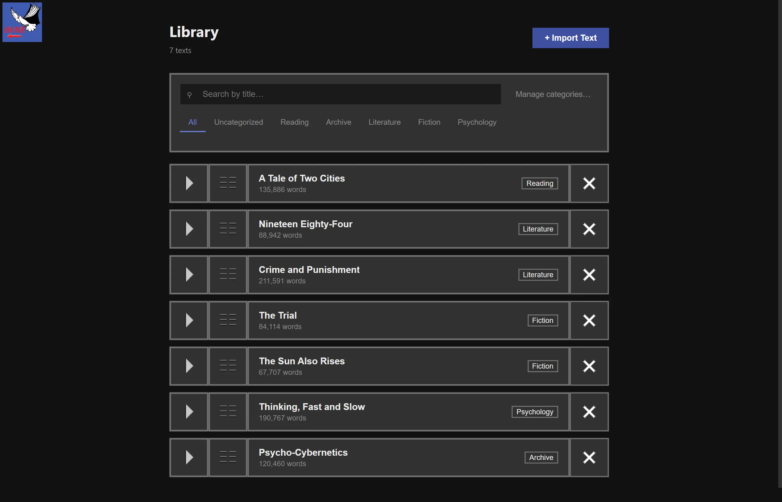 Library cards and action tiles in the dark theme