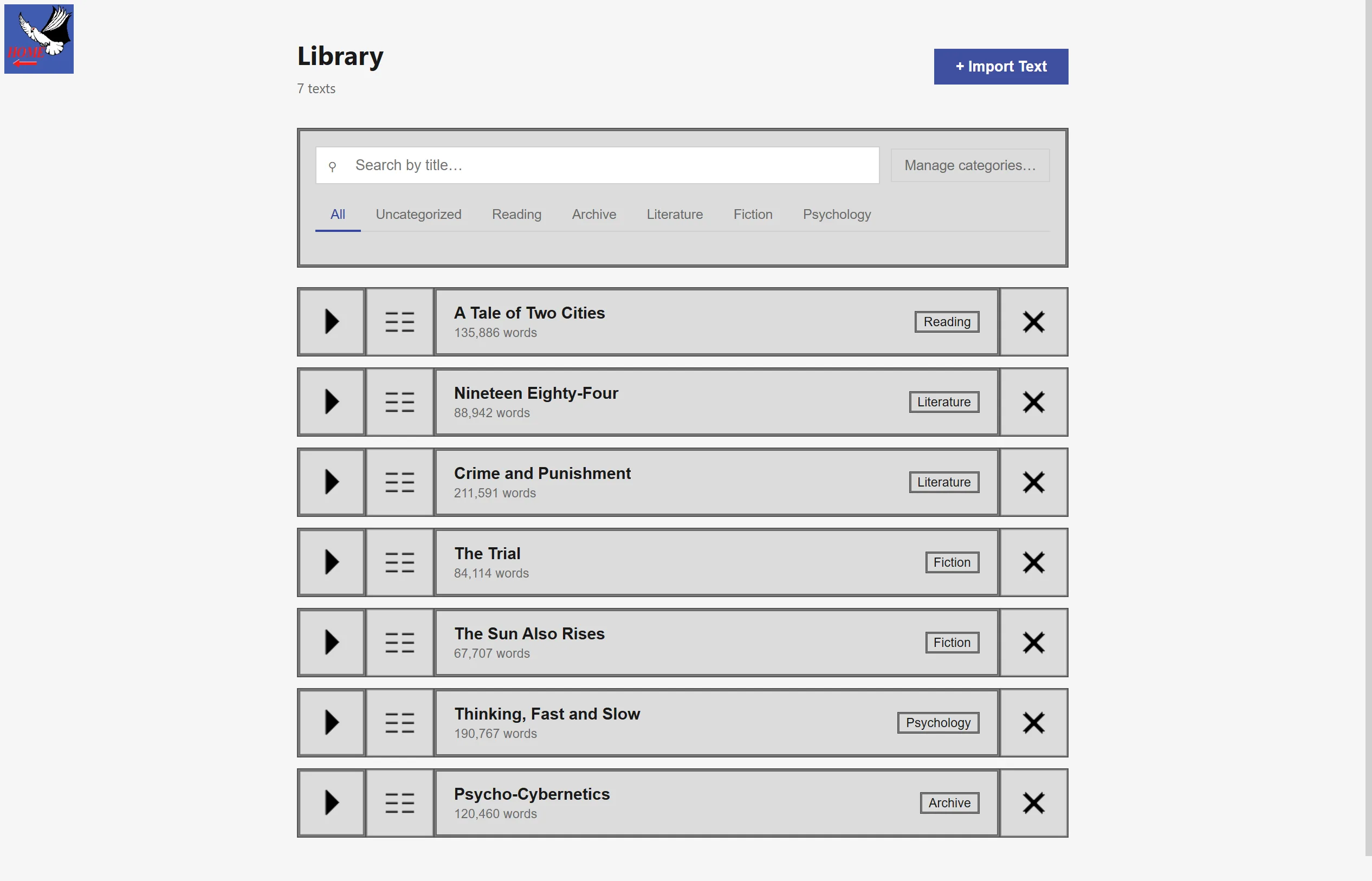 A library screen listing seven book titles with word counts and category labels, a search box and category tabs above, and an Import Text button.