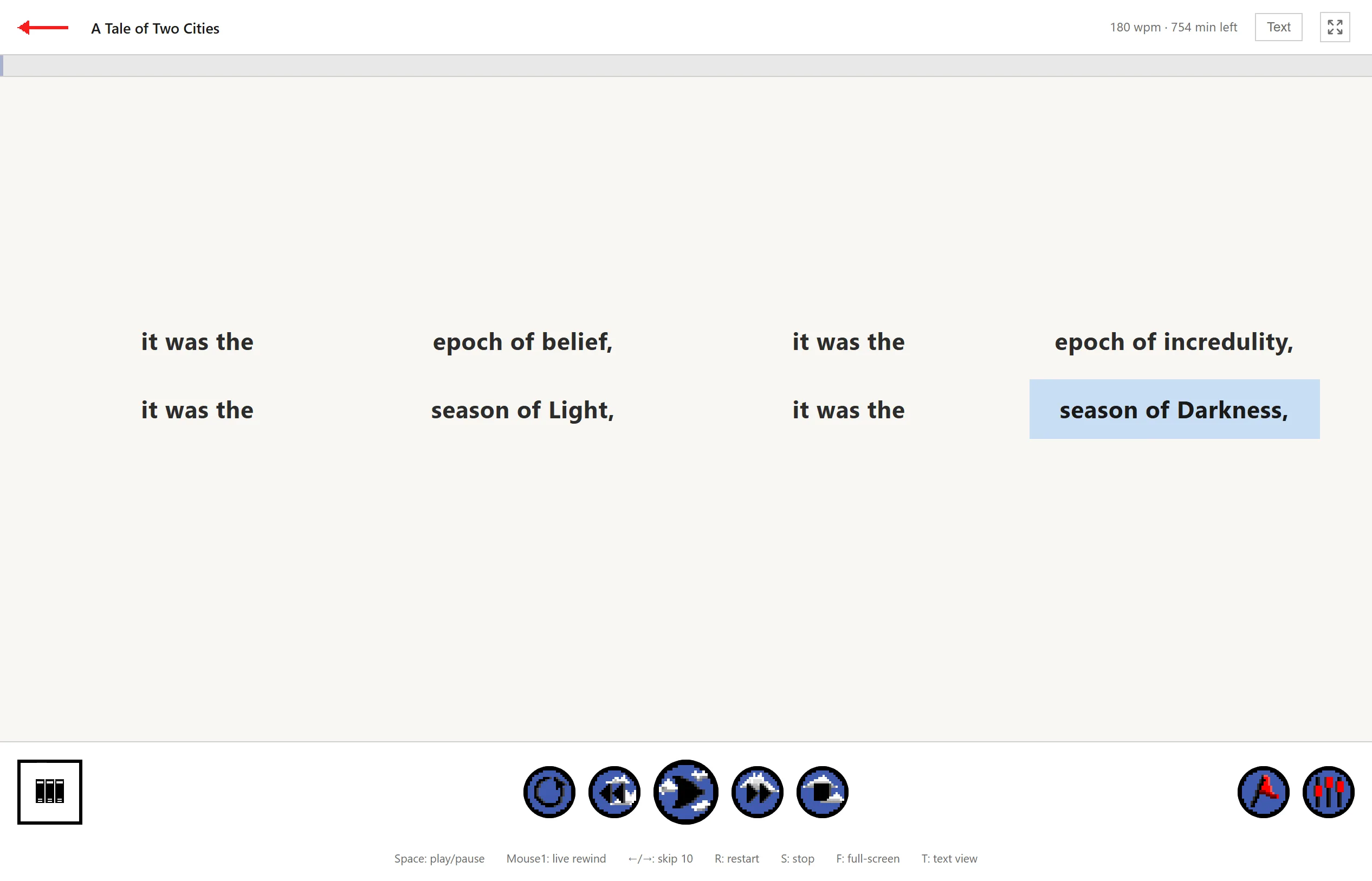 A reading window showing two rows of short word groups from A Tale of Two Cities, with one group highlighted mid-passage and playback controls below.