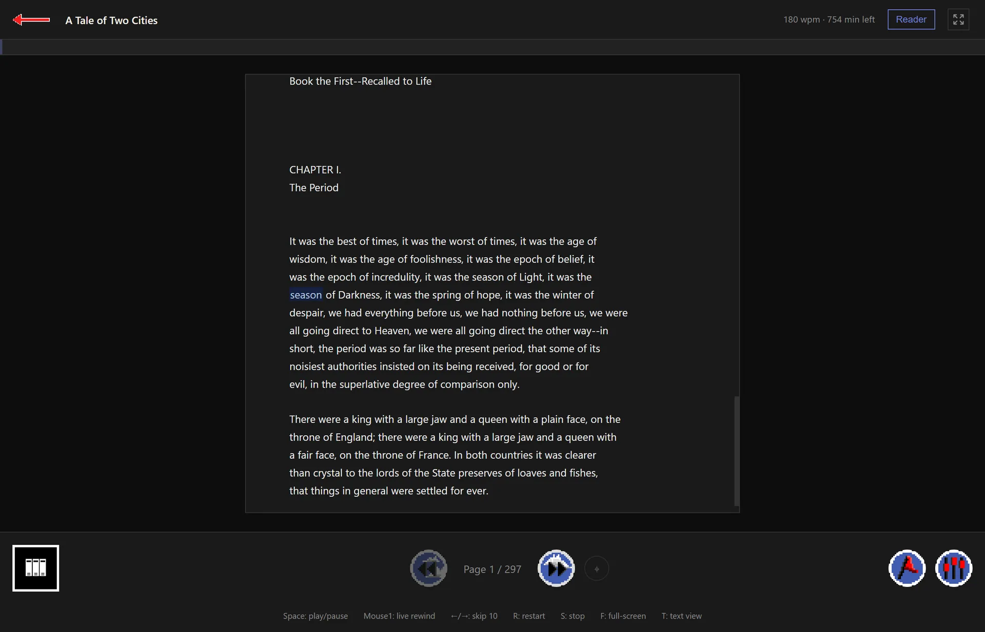 A paged text sheet with Reader controls