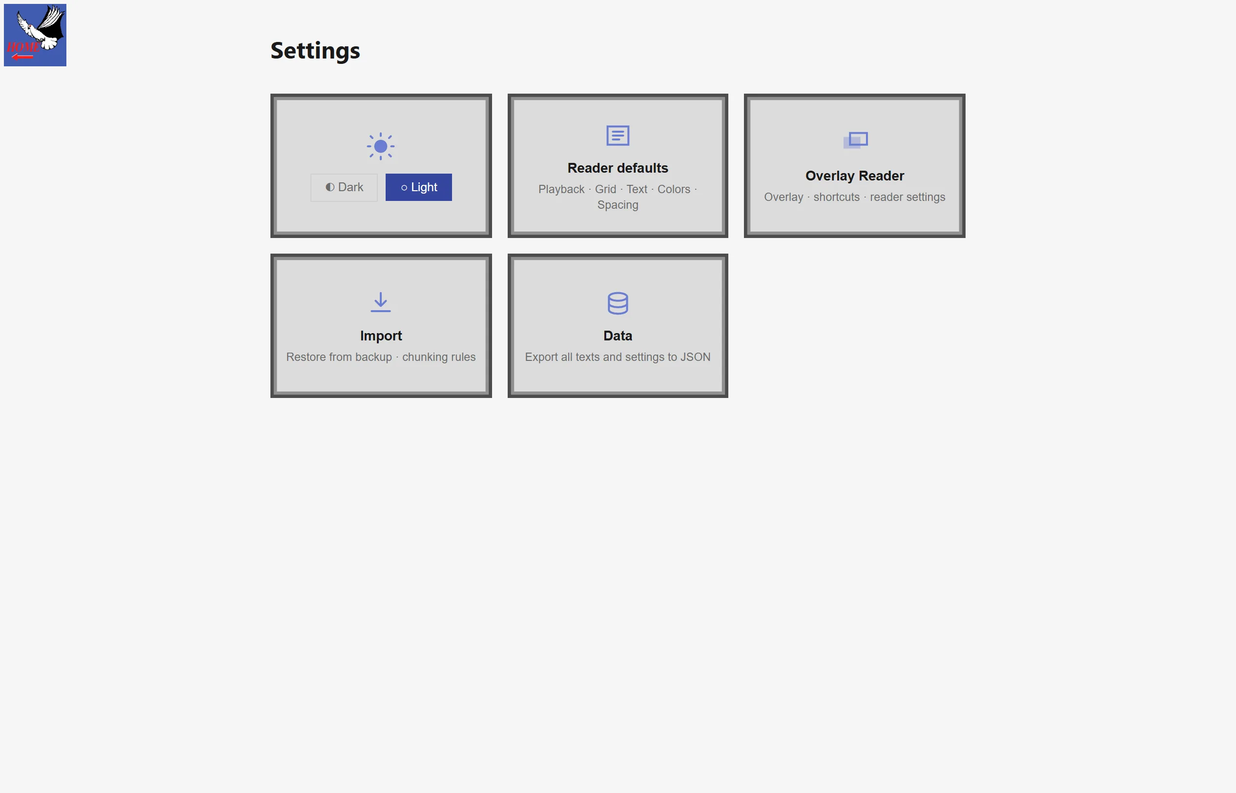 A Settings screen with five cards: a Dark and Light theme toggle, Reader defaults, Overlay Reader, Import, and Data export to JSON.